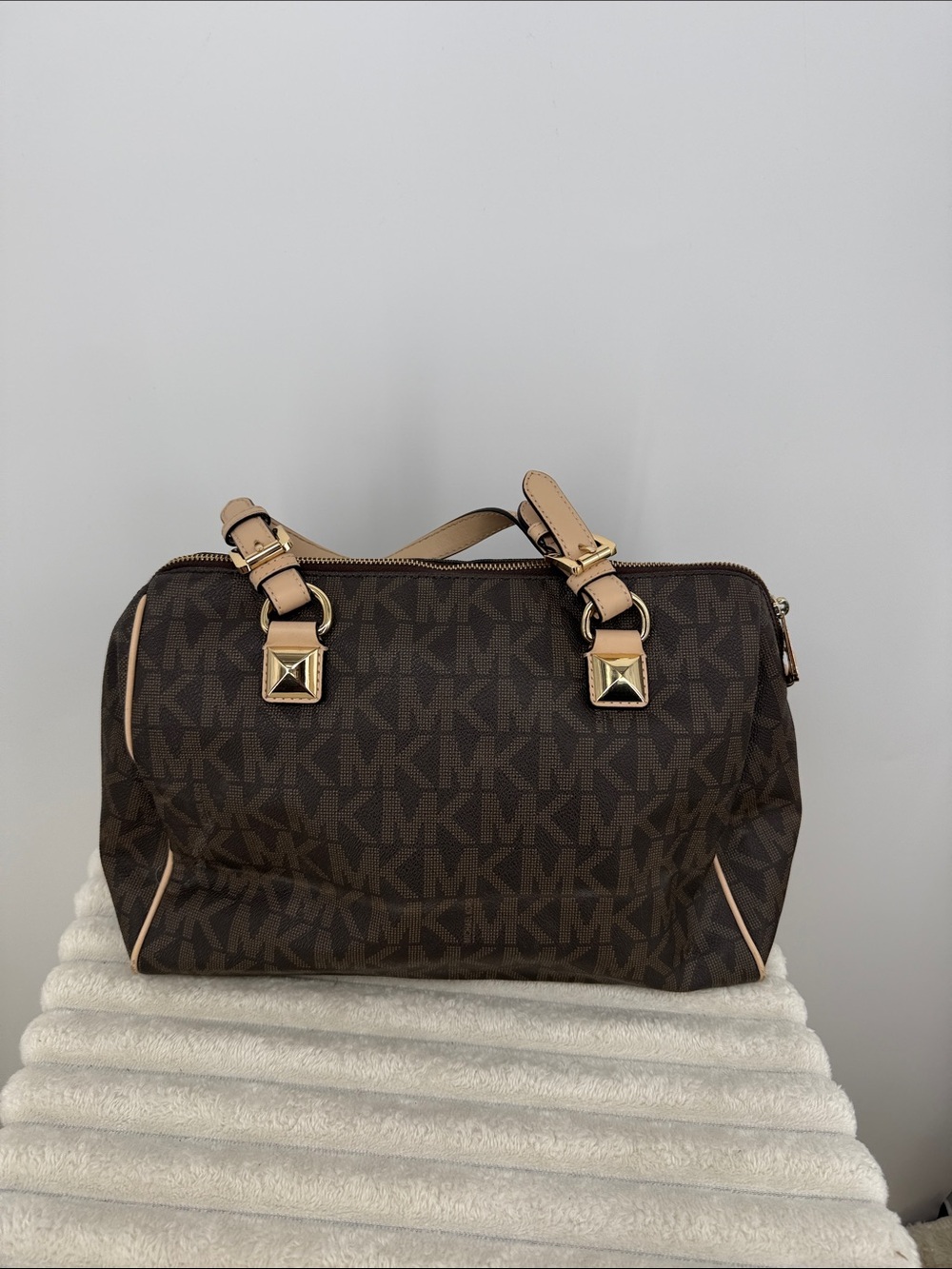Michael Kors Dark Brown Logo Dome Satchel with Beige Trim Retired Rare
